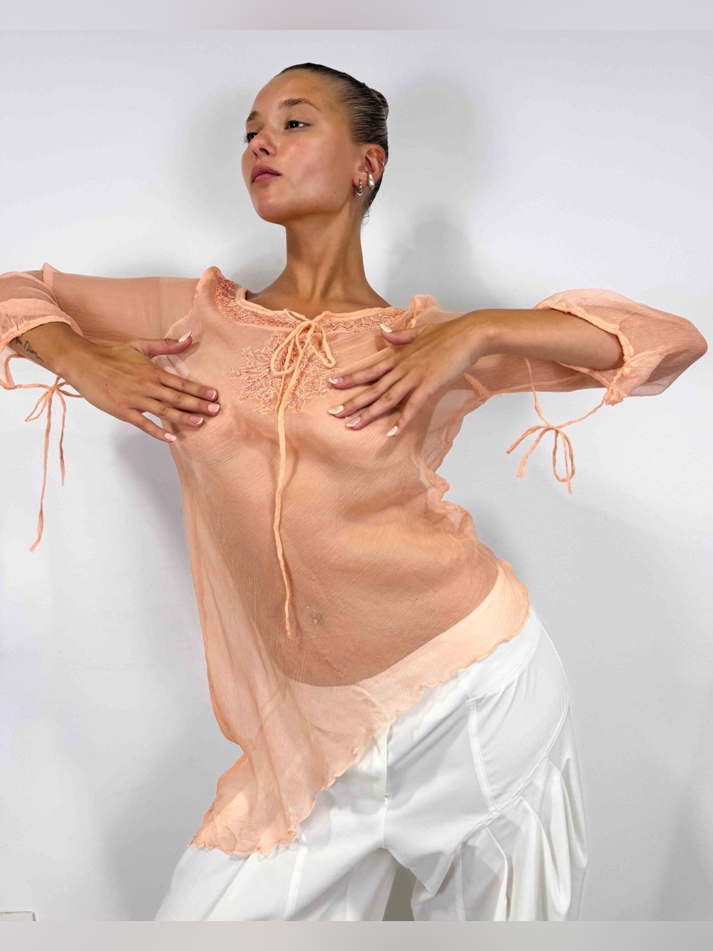 VINTAGE Silk Peach/Blush Mesh Soft Fairycore Y2K Delicate Top